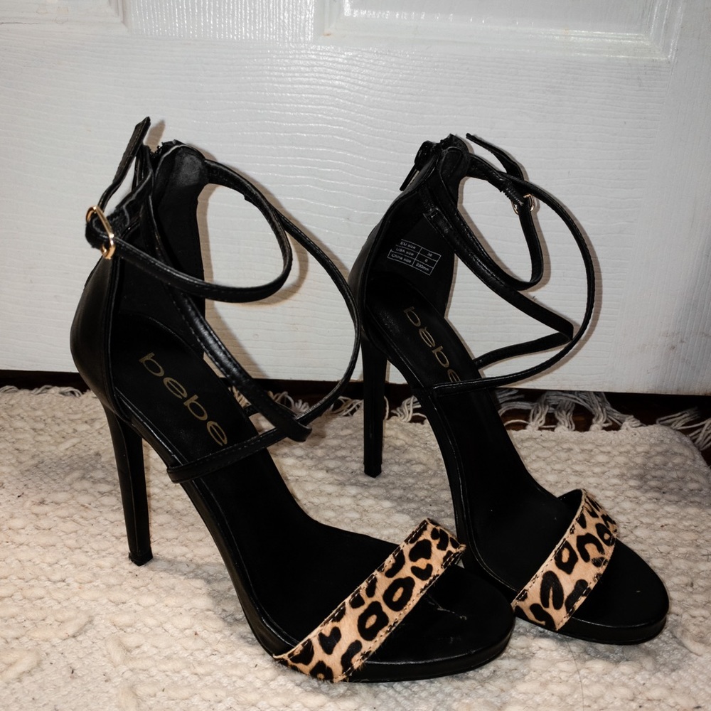 Bebe Black Heels with Leopard Open Toe Strap